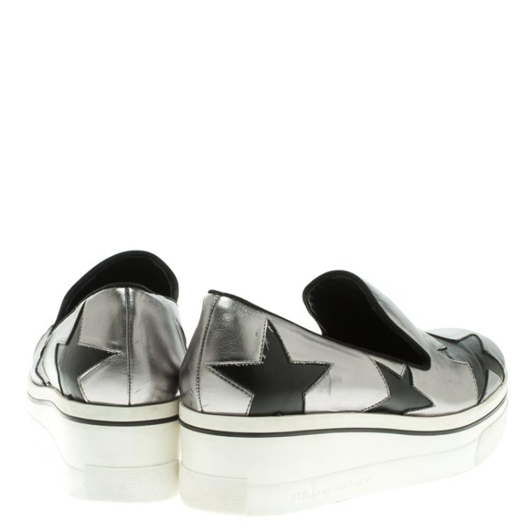 Pre Owned Stella McCartney Grey Metallic Faux Leather Binx Star Platform Slip On Sneakers Size 38