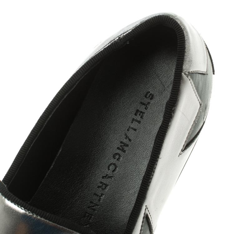 Pre Owned Stella McCartney Grey Metallic Faux Leather Binx Star Platform Slip On Sneakers Size 38