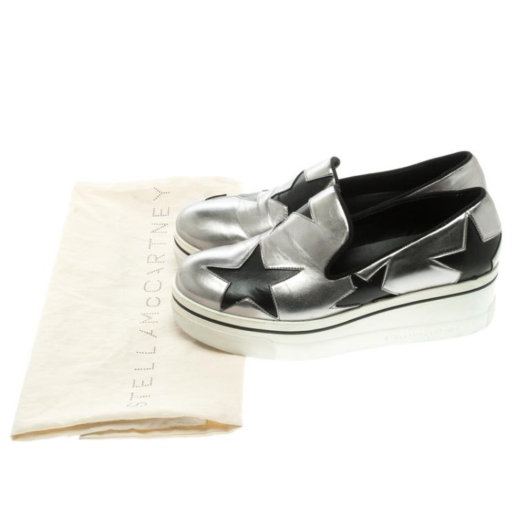 Pre Owned Stella McCartney Grey Metallic Faux Leather Binx Star Platform Slip On Sneakers Size 38