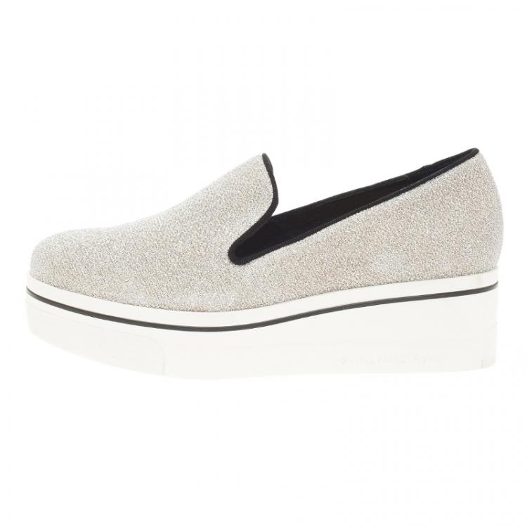 Pre Owned Stella McCartney Silver Glitter Binx Platform Slip On Skate Shoes Size 39