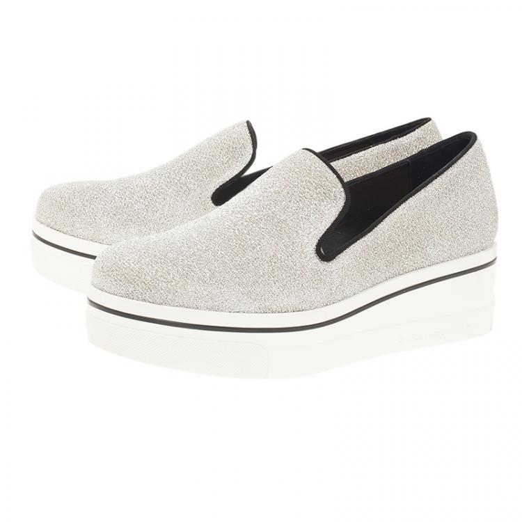 Pre Owned Stella McCartney Silver Glitter Binx Platform Slip On Skate Shoes Size 39