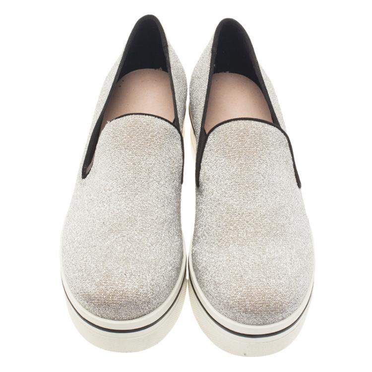 Pre Owned Stella McCartney Silver Glitter Binx Platform Slip On Skate Shoes Size 39