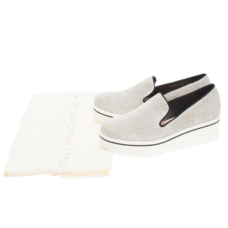 Pre Owned Stella McCartney Silver Glitter Binx Platform Slip On Skate Shoes Size 39