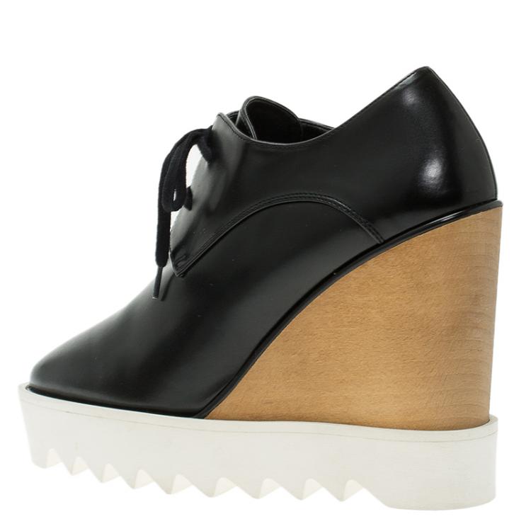 مملوكة مسبقًا Stella McCartney Black Faux Leather Leana Wooden Wedge Lace-Up Oxfords Size 38
