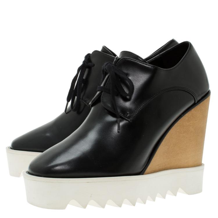مملوكة مسبقًا Stella McCartney Black Faux Leather Leana Wooden Wedge Lace-Up Oxfords Size 38