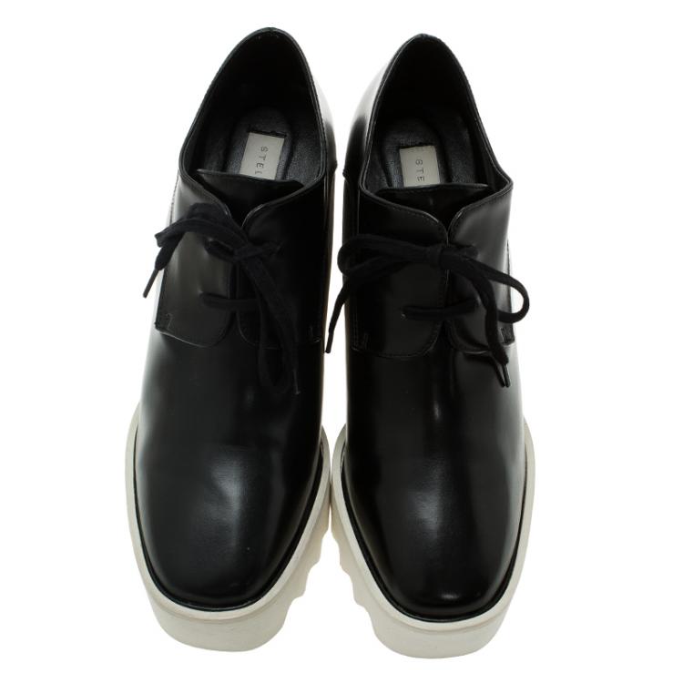 مملوكة مسبقًا Stella McCartney Black Faux Leather Leana Wooden Wedge Lace-Up Oxfords Size 38