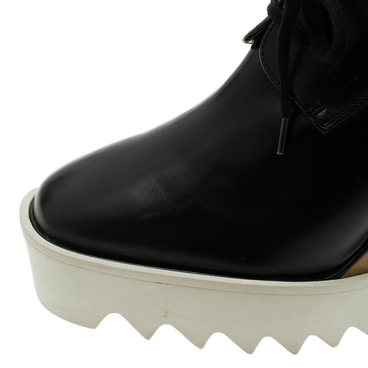 مملوكة مسبقًا Stella McCartney Black Faux Leather Leana Wooden Wedge Lace-Up Oxfords Size 38