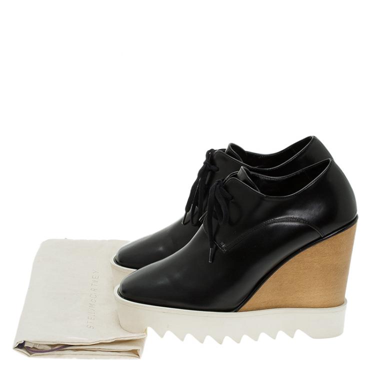 مملوكة مسبقًا Stella McCartney Black Faux Leather Leana Wooden Wedge Lace-Up Oxfords Size 38