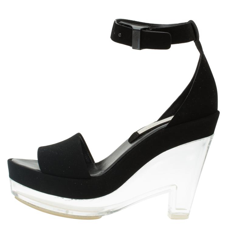 Pre Owned Stella McCartney Black Faux Suede Ankle Strap Platform Wedge Sandals Size 37