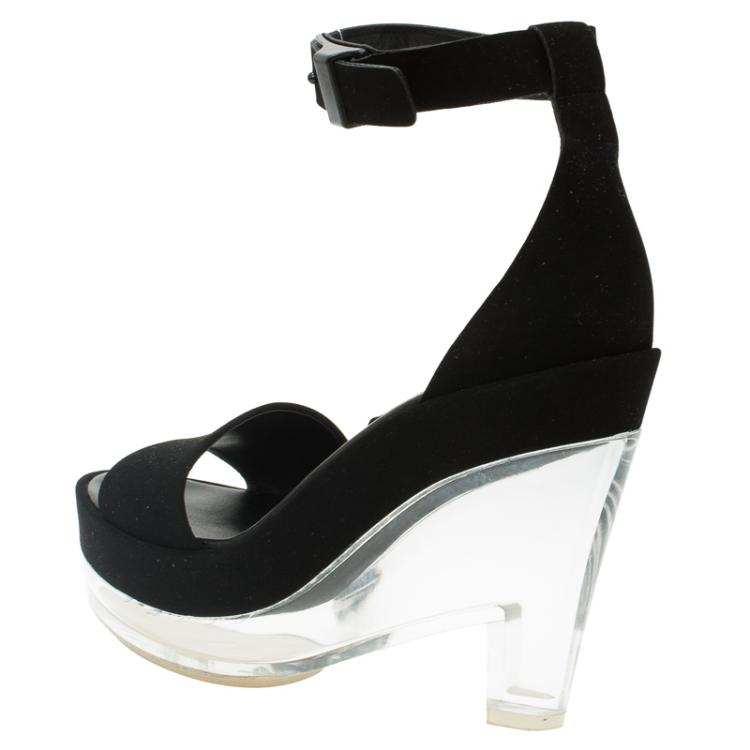 Pre Owned Stella McCartney Black Faux Suede Ankle Strap Platform Wedge Sandals Size 37