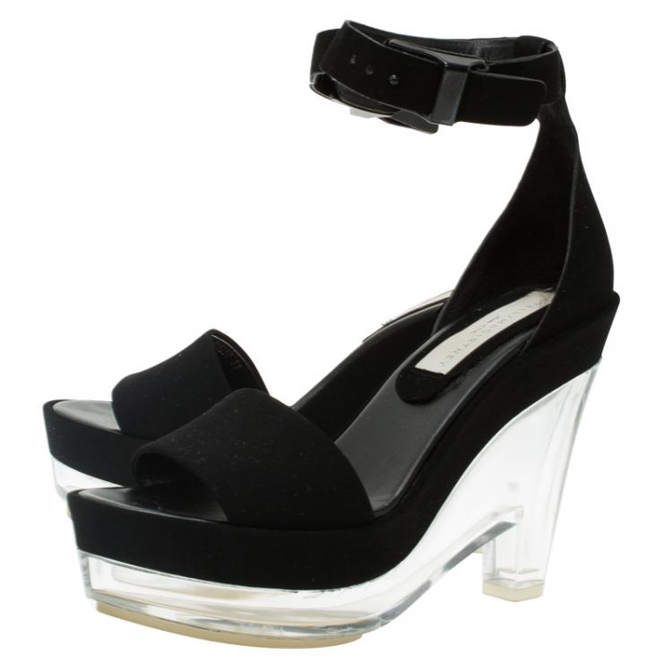 Pre Owned Stella McCartney Black Faux Suede Ankle Strap Platform Wedge Sandals Size 37