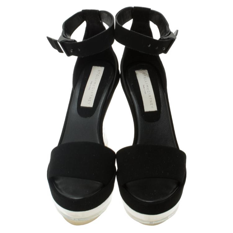 Pre Owned Stella McCartney Black Faux Suede Ankle Strap Platform Wedge Sandals Size 37