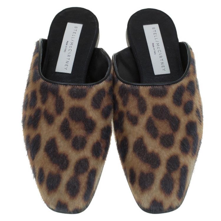 Pre Owned Stella McCartney Leopard Print Faux Fur Mules Size 35
