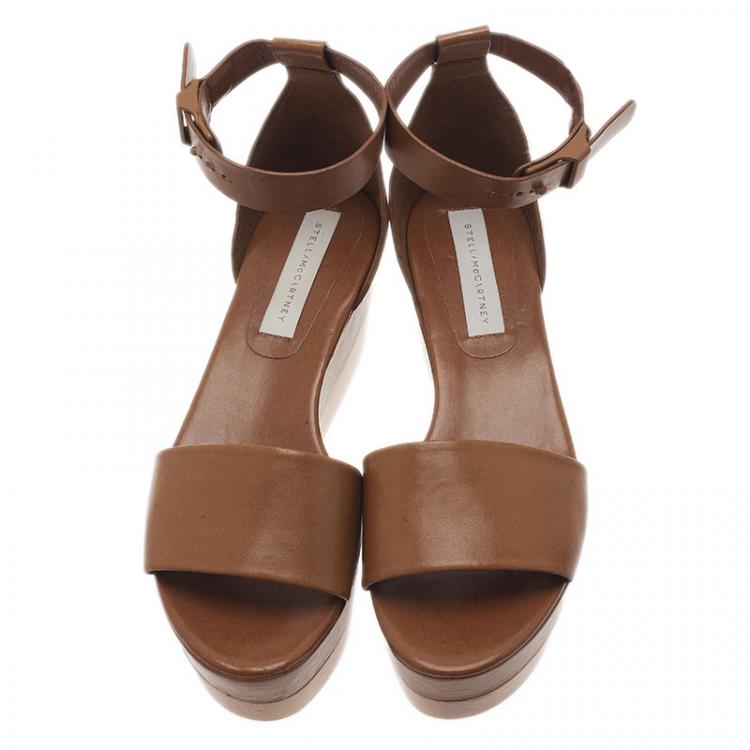 Pre Owned Stella McCartney Brown Faux Leather Lindsey Ankle Strap Wedge Sandals Size 40