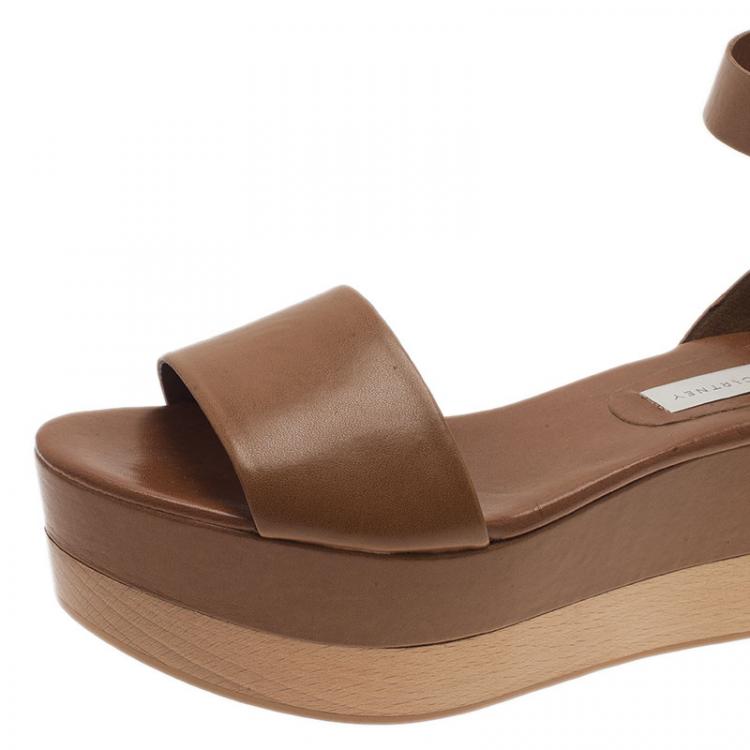 Pre Owned Stella McCartney Brown Faux Leather Lindsey Ankle Strap Wedge Sandals Size 40