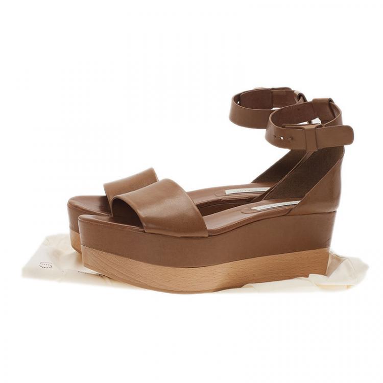 Pre Owned Stella McCartney Brown Faux Leather Lindsey Ankle Strap Wedge Sandals Size 40