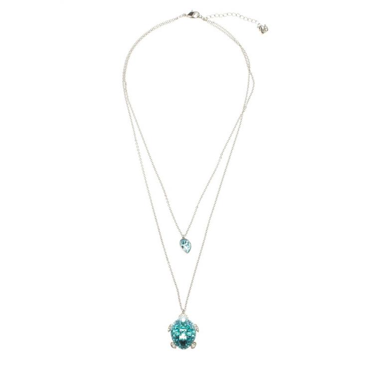 Pre Owned Swarovski Blue Crystal Turtle Pendant Layered Necklace