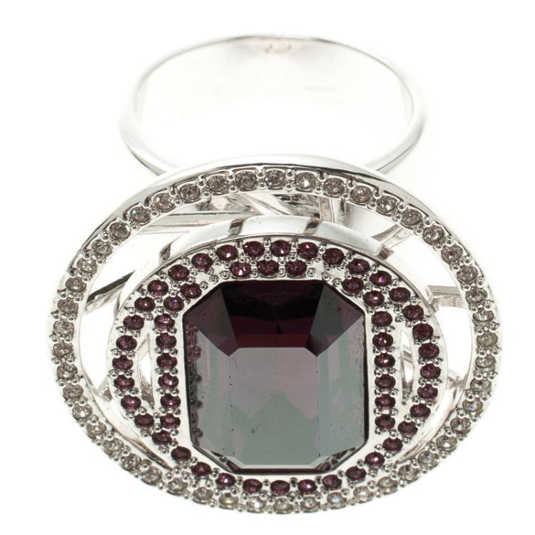 Pre Owned Swarovski Purple Crystal Studded Silver Tone Ring Size 52