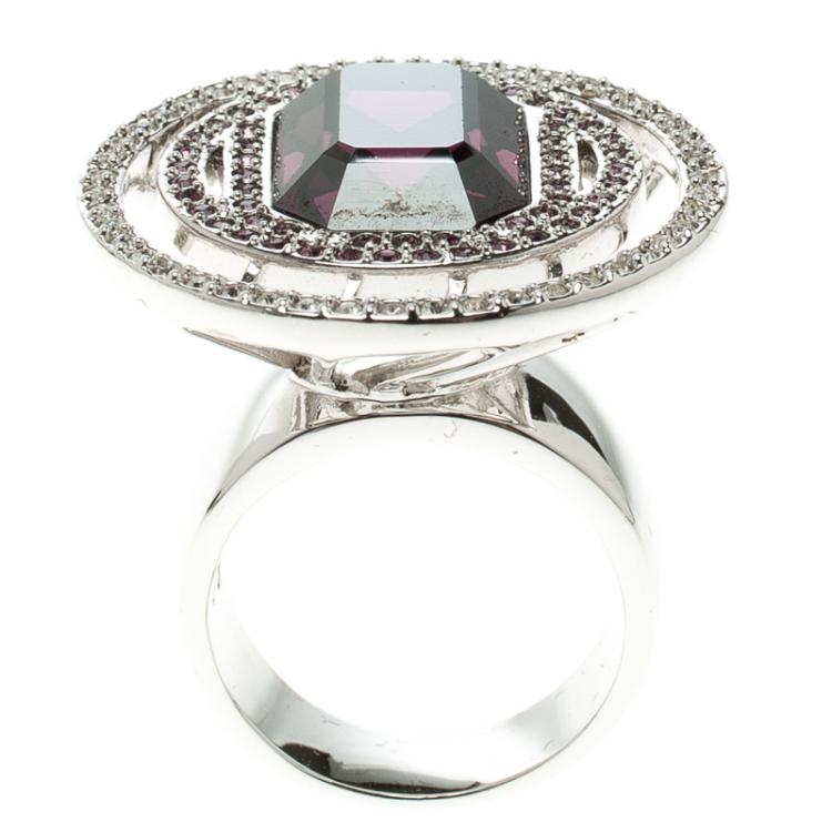 Pre Owned Swarovski Purple Crystal Studded Silver Tone Ring Size 52