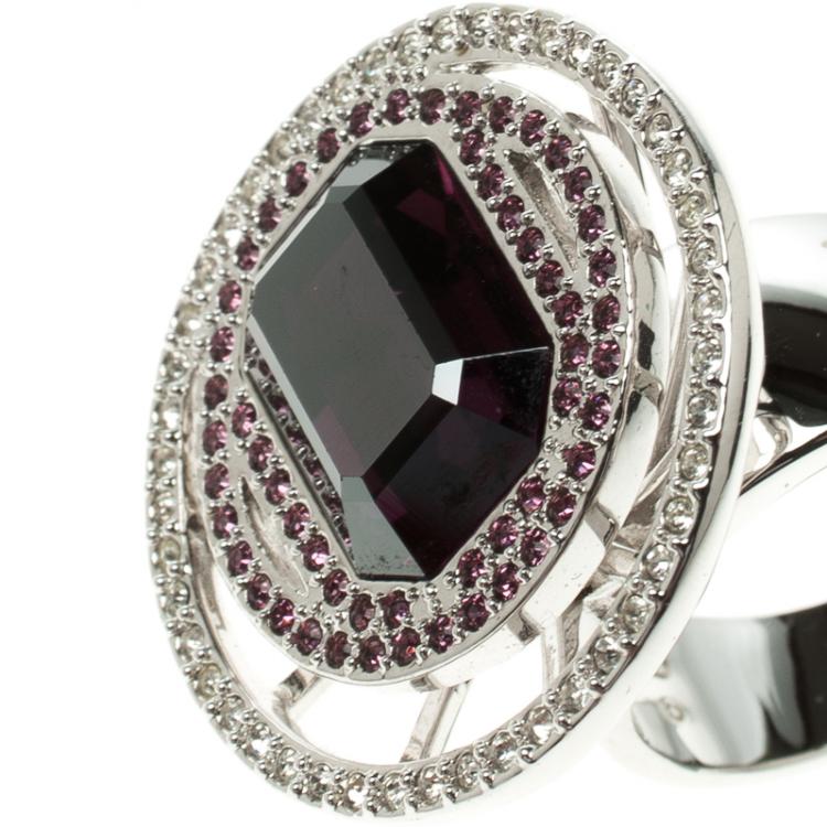 Pre Owned Swarovski Purple Crystal Studded Silver Tone Ring Size 52