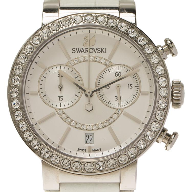 Pre Owned Swarovski Silver Stainless Steel Crystal Citra Sphere Chrono Women's Wristwatch 38MM