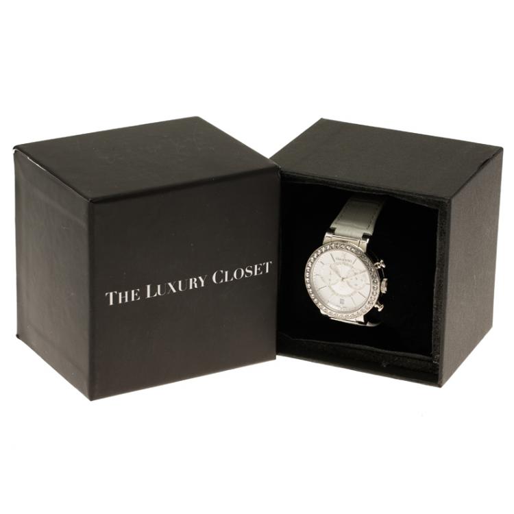 Pre Owned Swarovski Silver Stainless Steel Crystal Citra Sphere Chrono Women's Wristwatch 38MM