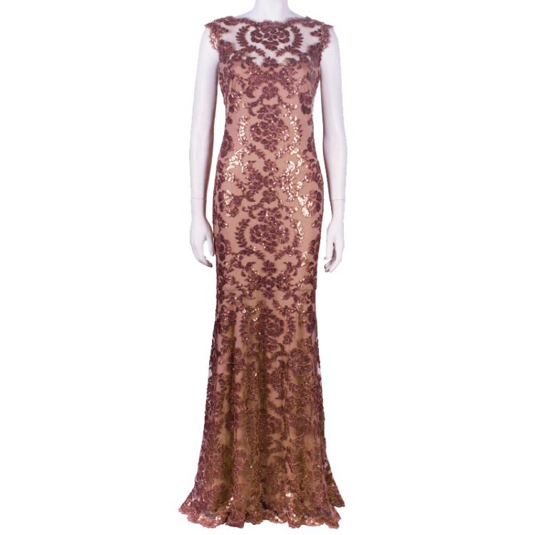 Pre Owned Tadashi Shoji Mocha Embellished Lace Gown M