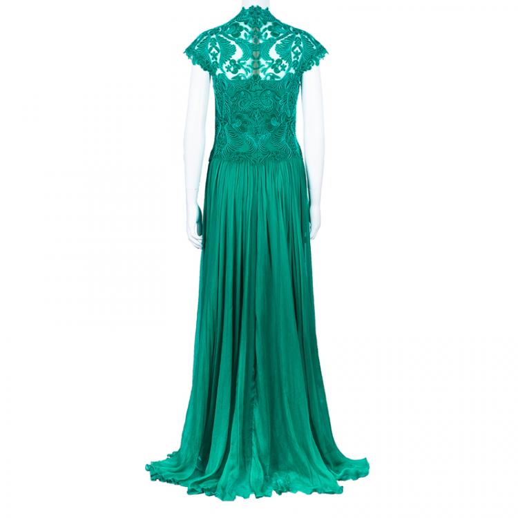 Pre Owned Tadashi Shoji Zardozi Embroidered Green Gathered Gown L