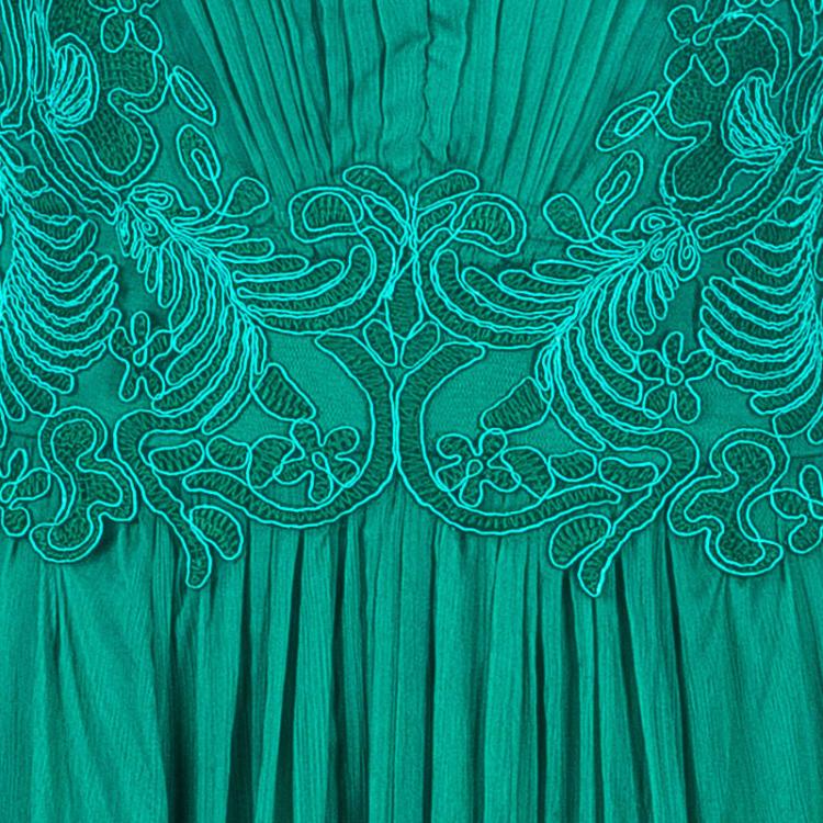 Pre Owned Tadashi Shoji Zardozi Embroidered Green Gathered Gown L