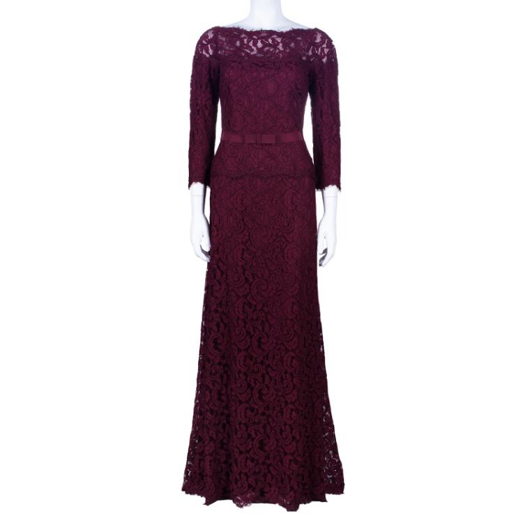 مملوكة مسبقًا Tadashi Shoji Merlot Long Sleeve Lace Gown M
