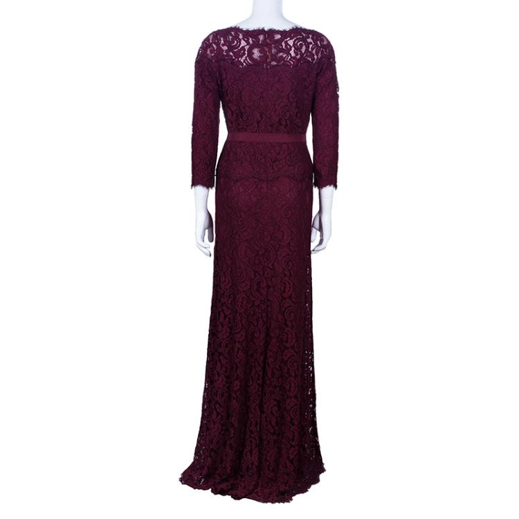 مملوكة مسبقًا Tadashi Shoji Merlot Long Sleeve Lace Gown M