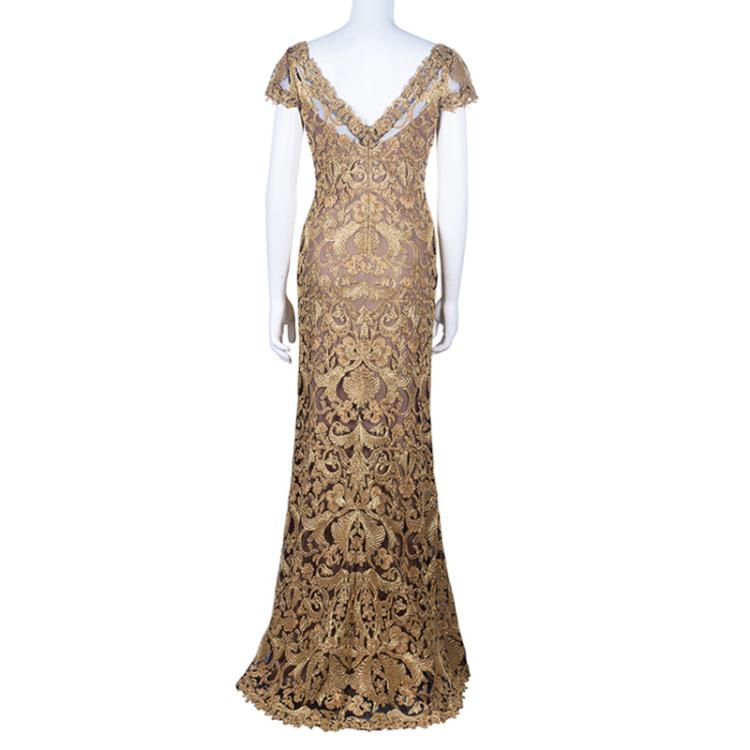 Pre Owned Tadashi Shoji Metallic Gold Embroidered Lace Gown M