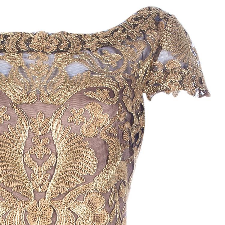 Pre Owned Tadashi Shoji Metallic Gold Embroidered Lace Gown M