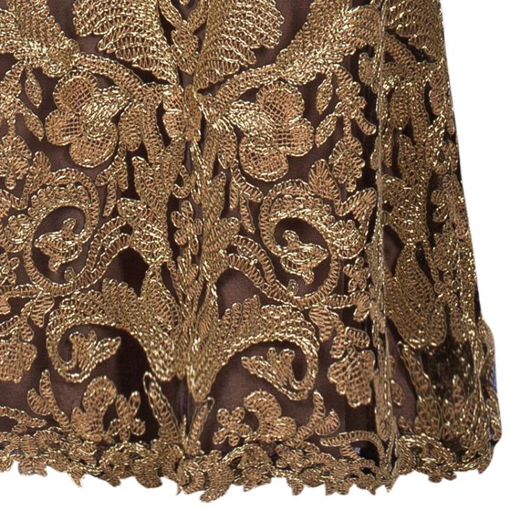 Pre Owned Tadashi Shoji Metallic Gold Embroidered Lace Gown M