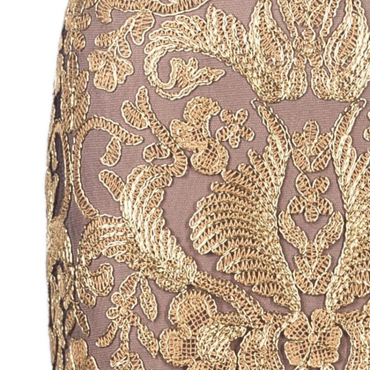 Pre Owned Tadashi Shoji Metallic Gold Embroidered Lace Gown M