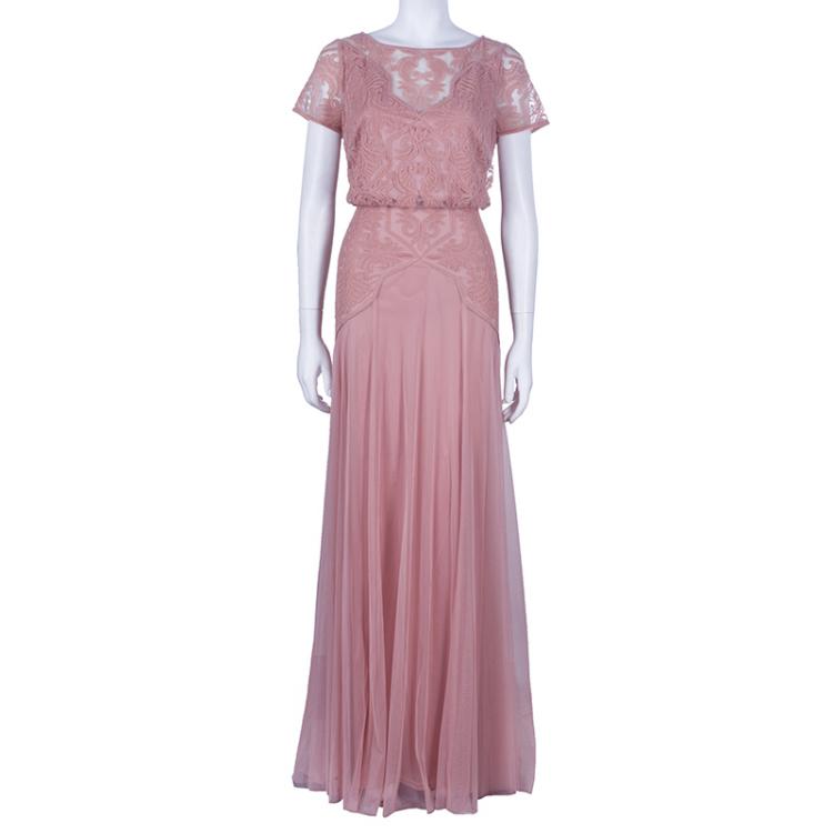 Pre Owned Tadashi Shoji Rose Pink Embroidered Short Sleeve Tulle Gown M