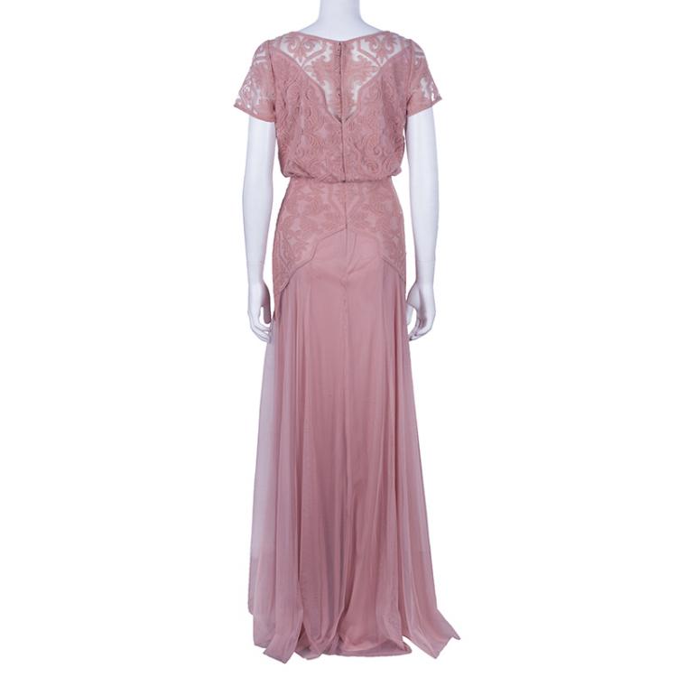 Pre Owned Tadashi Shoji Rose Pink Embroidered Short Sleeve Tulle Gown M