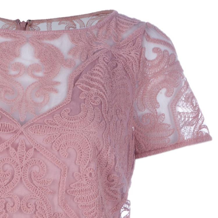 Pre Owned Tadashi Shoji Rose Pink Embroidered Short Sleeve Tulle Gown M