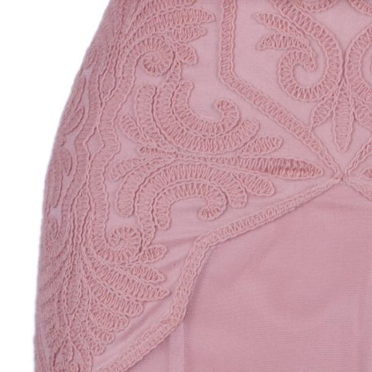 Pre Owned Tadashi Shoji Rose Pink Embroidered Short Sleeve Tulle Gown M