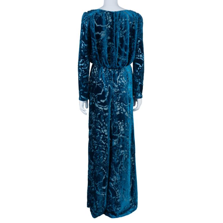 Pre Owned Tadashi Shoji Blue Devore Full Sleeve Gown S