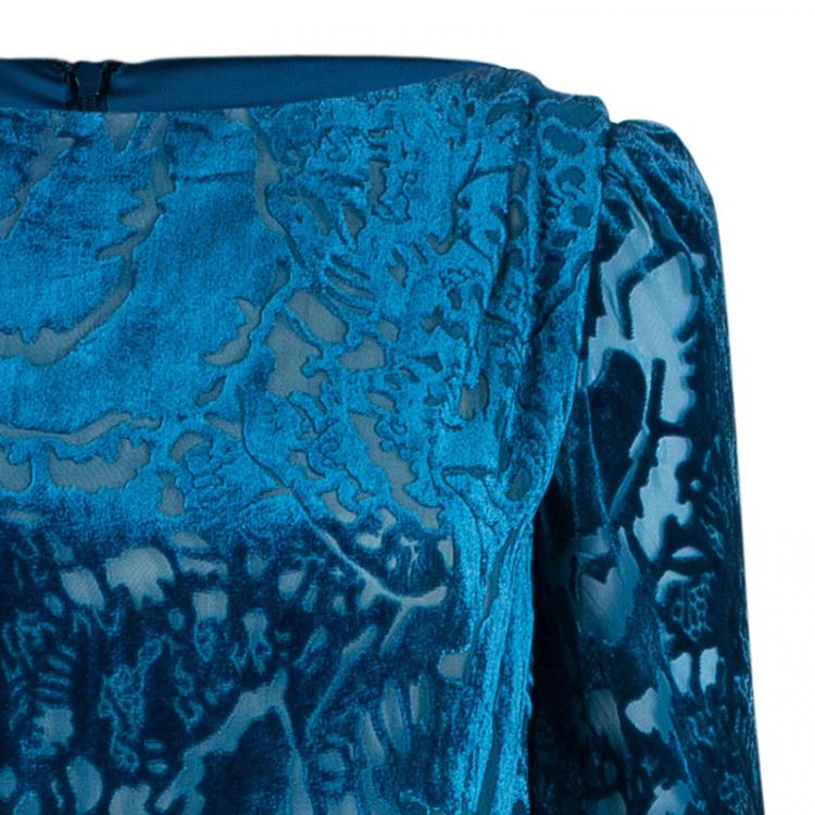 Pre Owned Tadashi Shoji Blue Devore Full Sleeve Gown S