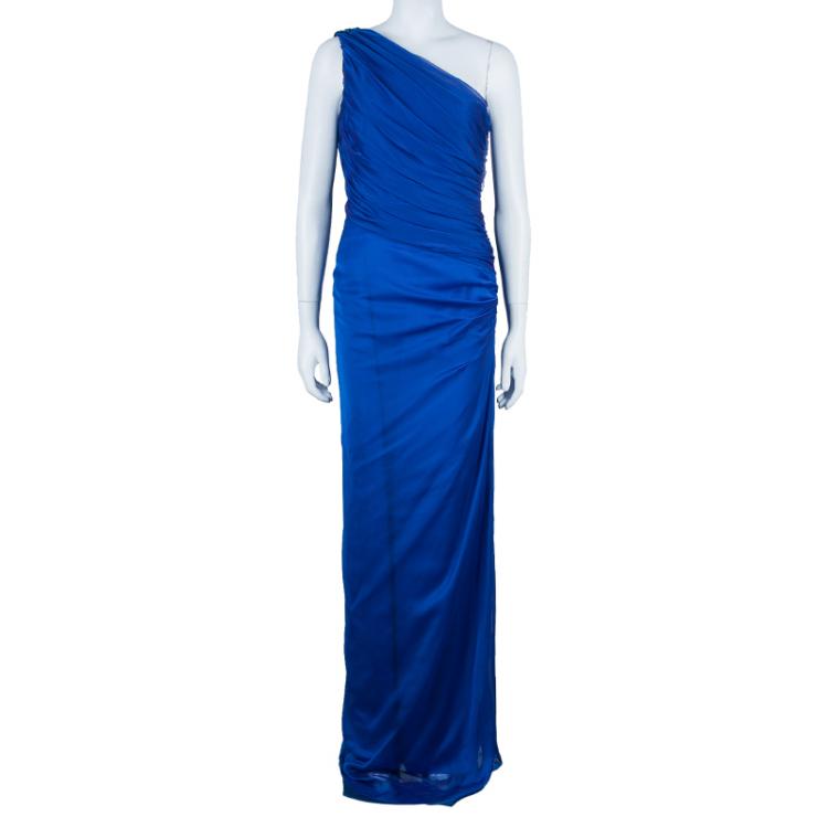Pre Owned Tadashi Shoji One Shoulder Blue Gown L