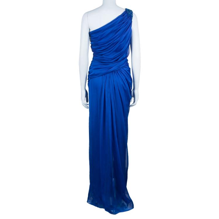 Pre Owned Tadashi Shoji One Shoulder Blue Gown L