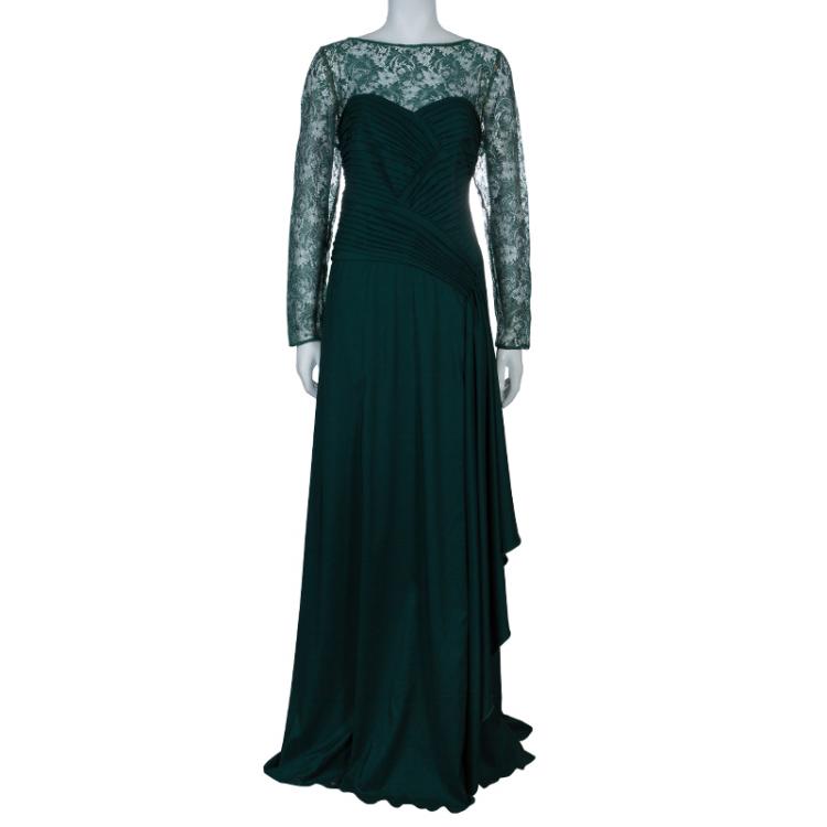 Pre Owned Tadashi Shoji Green Lace Gown L