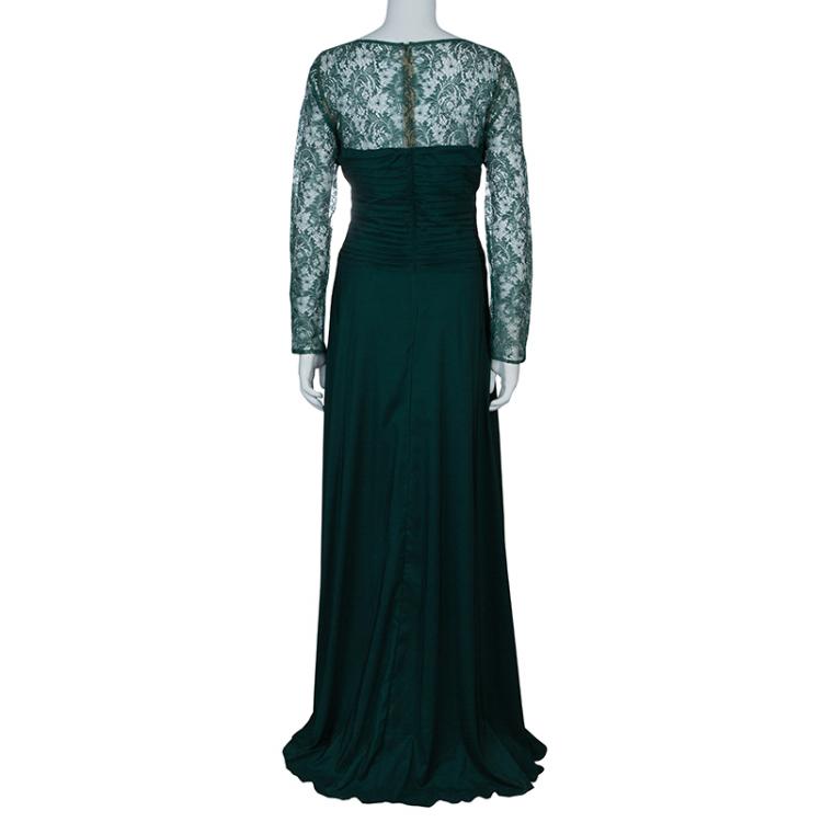 Pre Owned Tadashi Shoji Green Lace Gown L