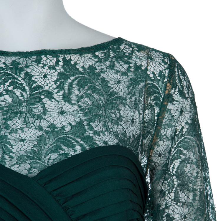 Pre Owned Tadashi Shoji Green Lace Gown L