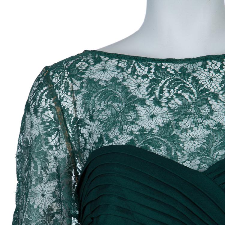 Pre Owned Tadashi Shoji Green Lace Gown L