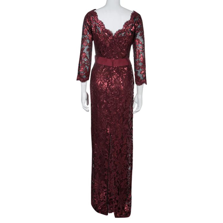 Pre Owned Tadashi Shoji Burgundy Long Sleeve Lace Sequin Embellished Gown L