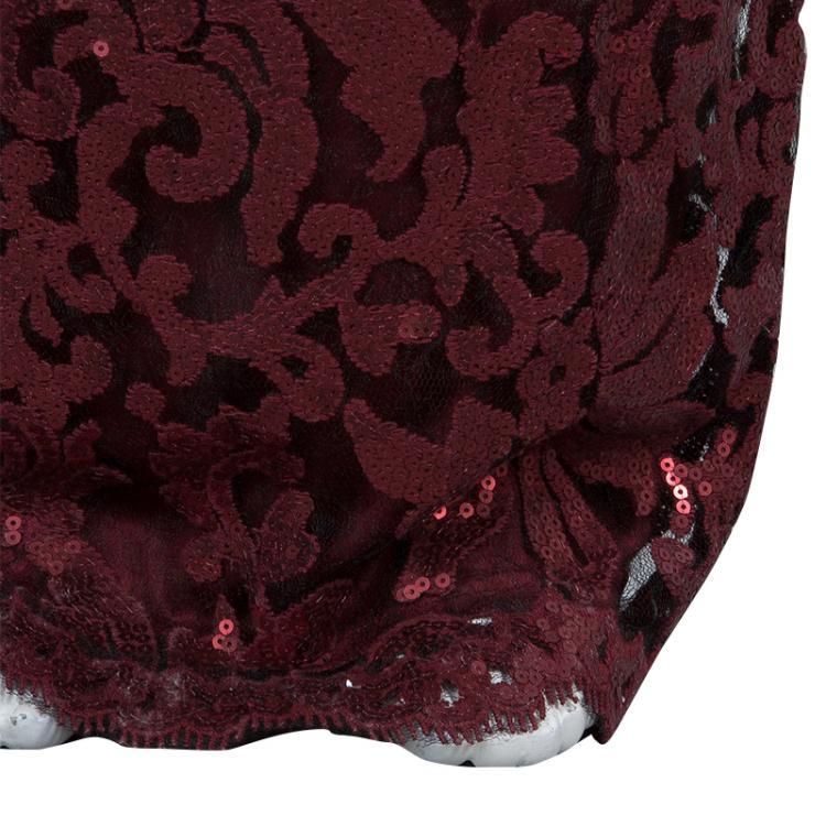Pre Owned Tadashi Shoji Burgundy Long Sleeve Lace Sequin Embellished Gown L