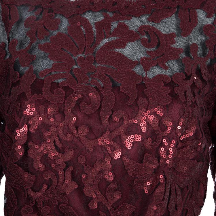 Pre Owned Tadashi Shoji Burgundy Long Sleeve Lace Sequin Embellished Gown L